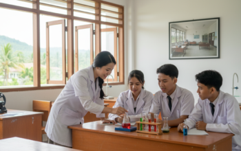 Seorang guru sedang membimbing sekelompok kecil siswa yang antusias dalam sebuah eksperimen sains sederhana di laboratorium sekolah yang baru diperbaiki